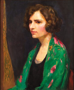 portrait of a woman in a green kimono