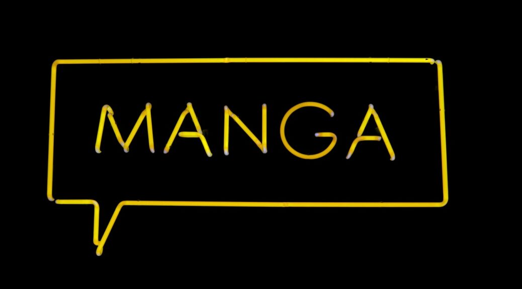 yellow neon sign spelling "manga" on black background