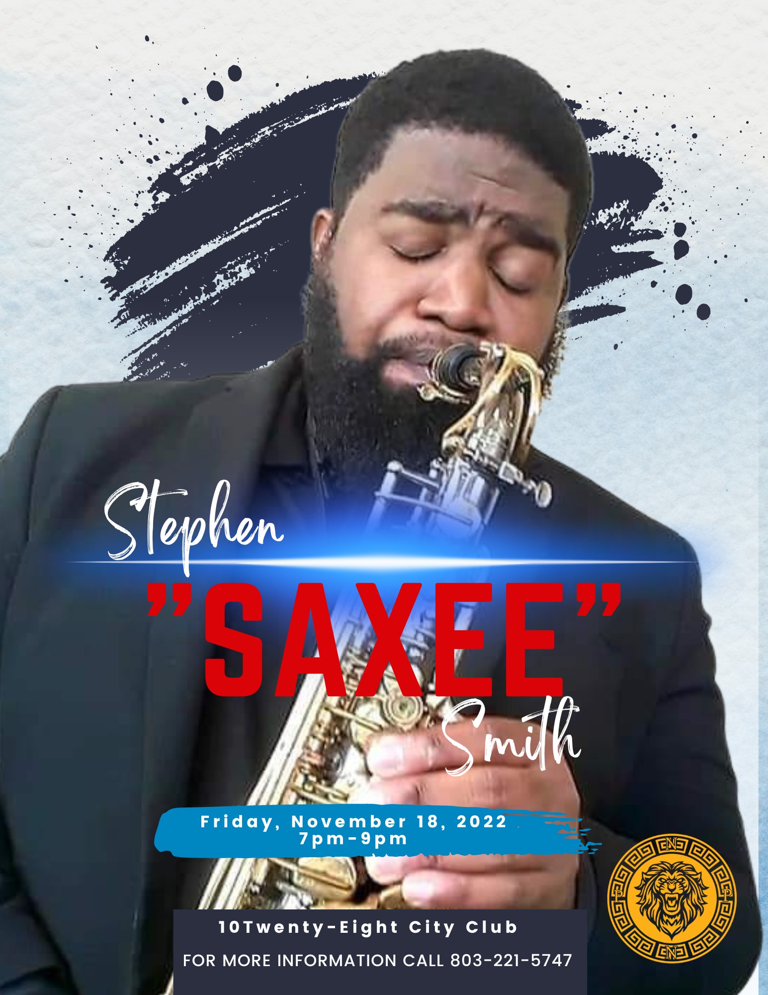 image showing Stephen "Saxee" Smith playing a saxophone. He is a brown skinned man with a beard, wearing a black suit and black button down shirt.
