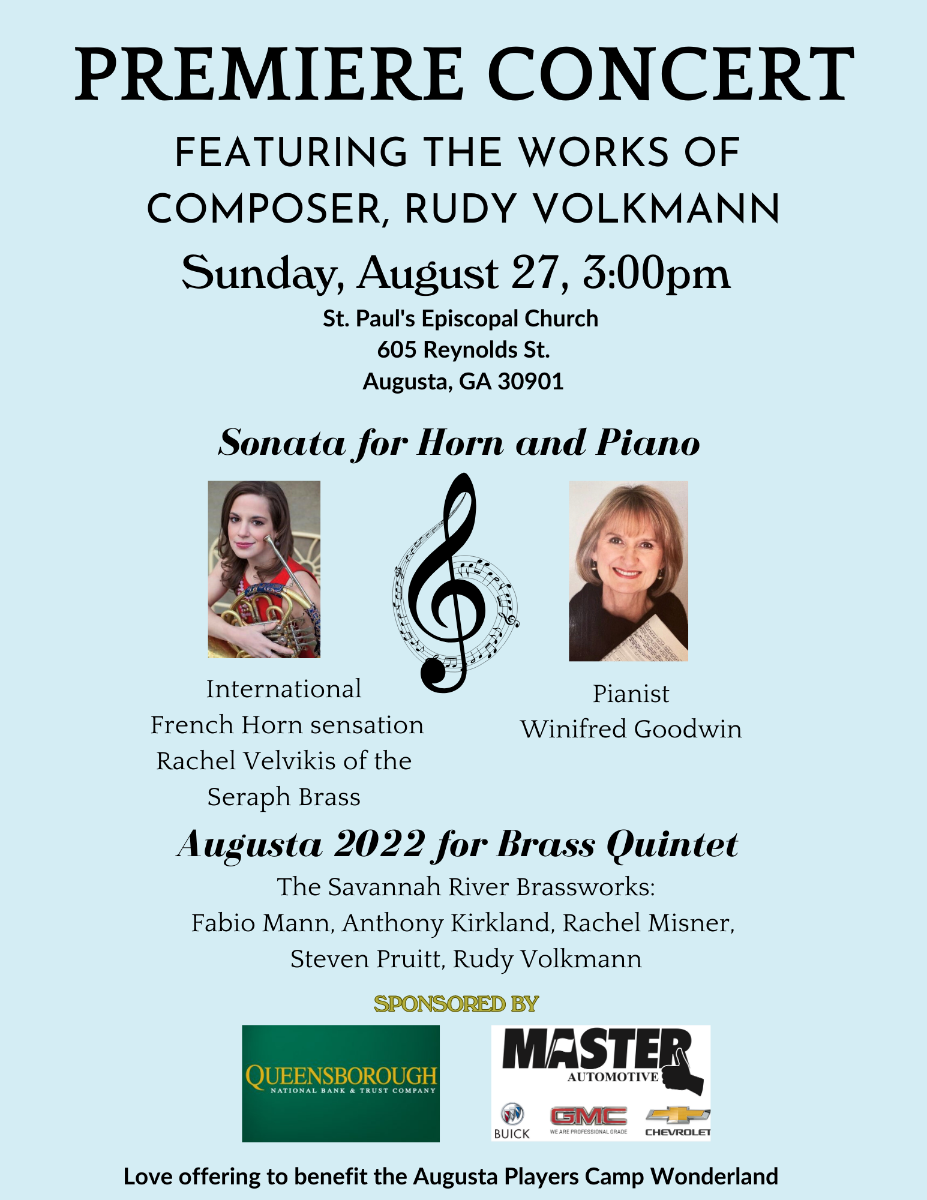 Rudy Volkmann concert on August 27, 2023 at St. Paul's to benefit Augusta Players' Camp Wonderland