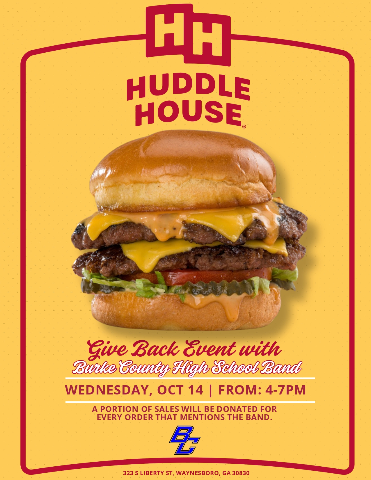 Support the Burke County High School Band while enjoying a meal with at Huddle House!